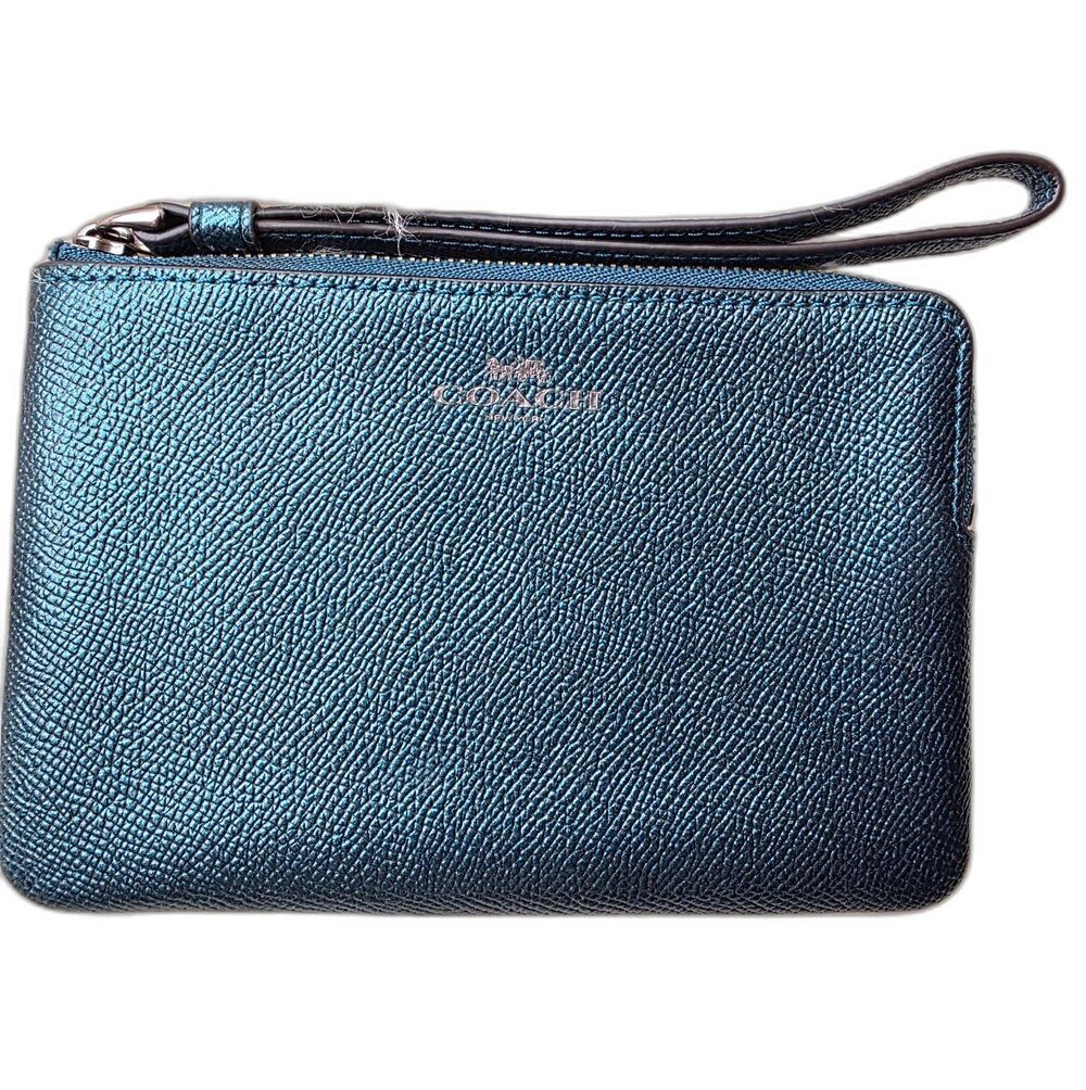 Coach Wristlet Metallic Leather Green Blue Zip Pouch w/ Card Slots and Gold Logo